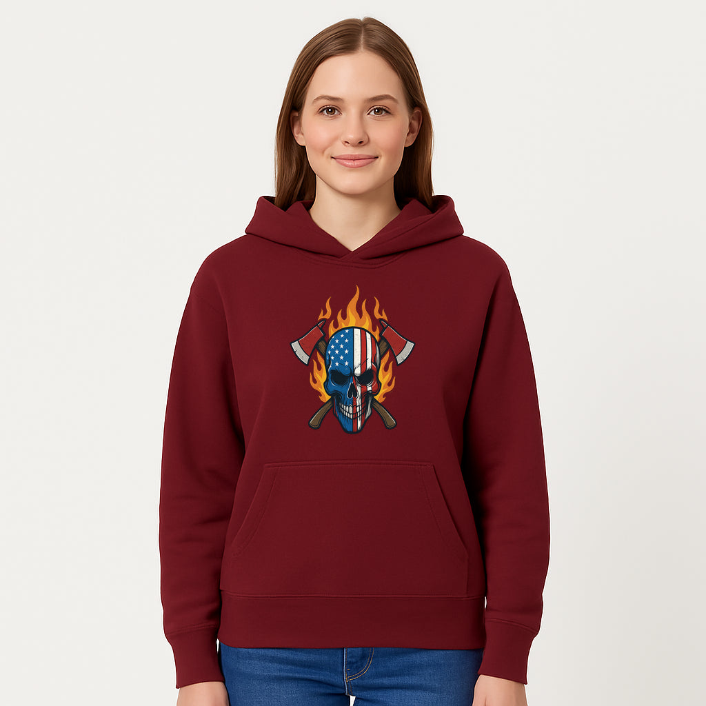 American Skull with Axes and Flames Graphic Tee, Patriotic Skull Design for Men, Edgy Firefighter T-Shirt, Unique Apparel Gift - Hoodie 1757912431622.jpg