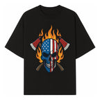 American Skull with Axes and Flames Graphic Tee, Patriotic Skull Design for Men, Edgy Firefighter T-Shirt, Unique Apparel Gift - T-shirt 1757912431910.jpg