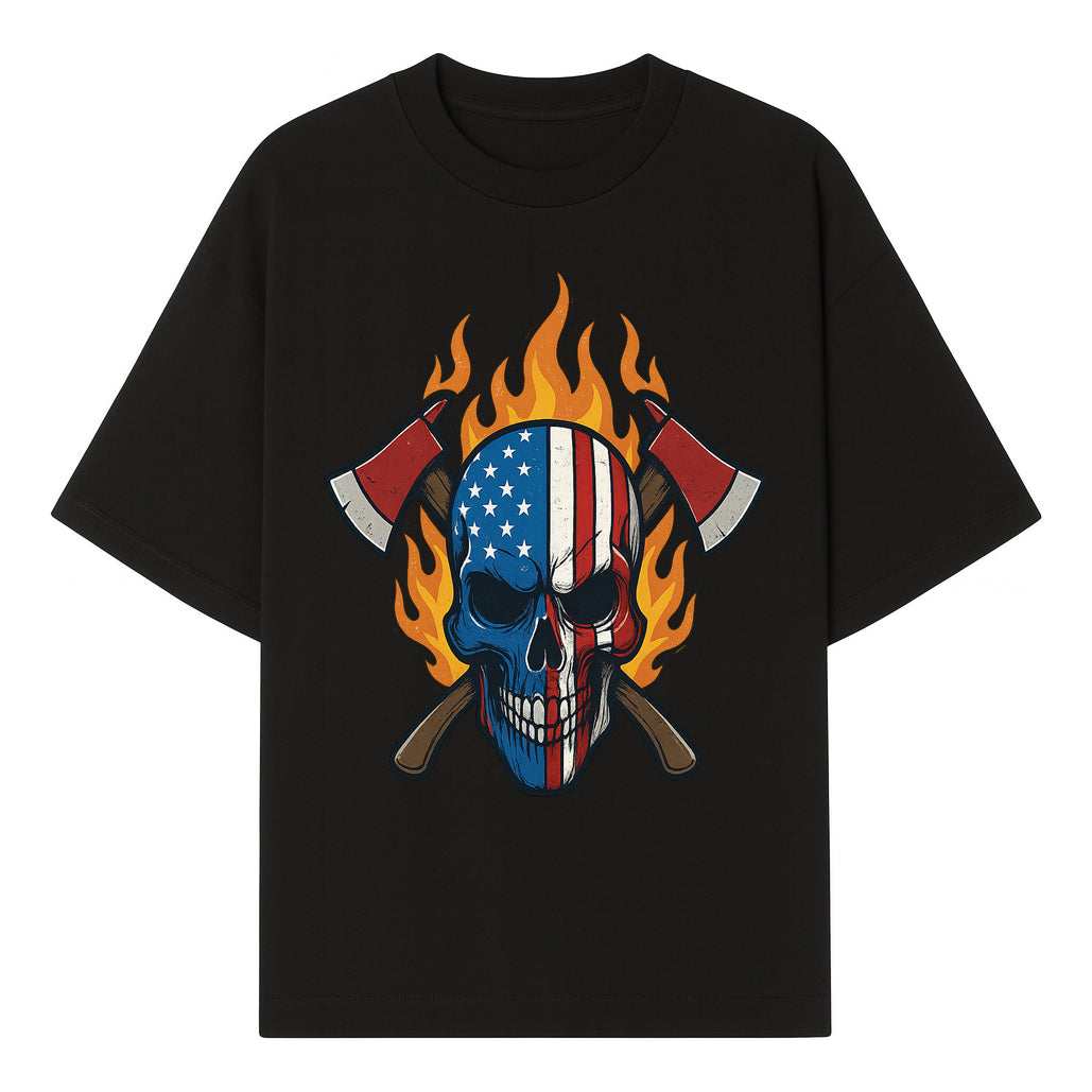 American Skull with Axes and Flames Graphic Tee, Patriotic Skull Design for Men, Edgy Firefighter T-Shirt, Unique Apparel Gift - T-shirt 1757912431910.jpg