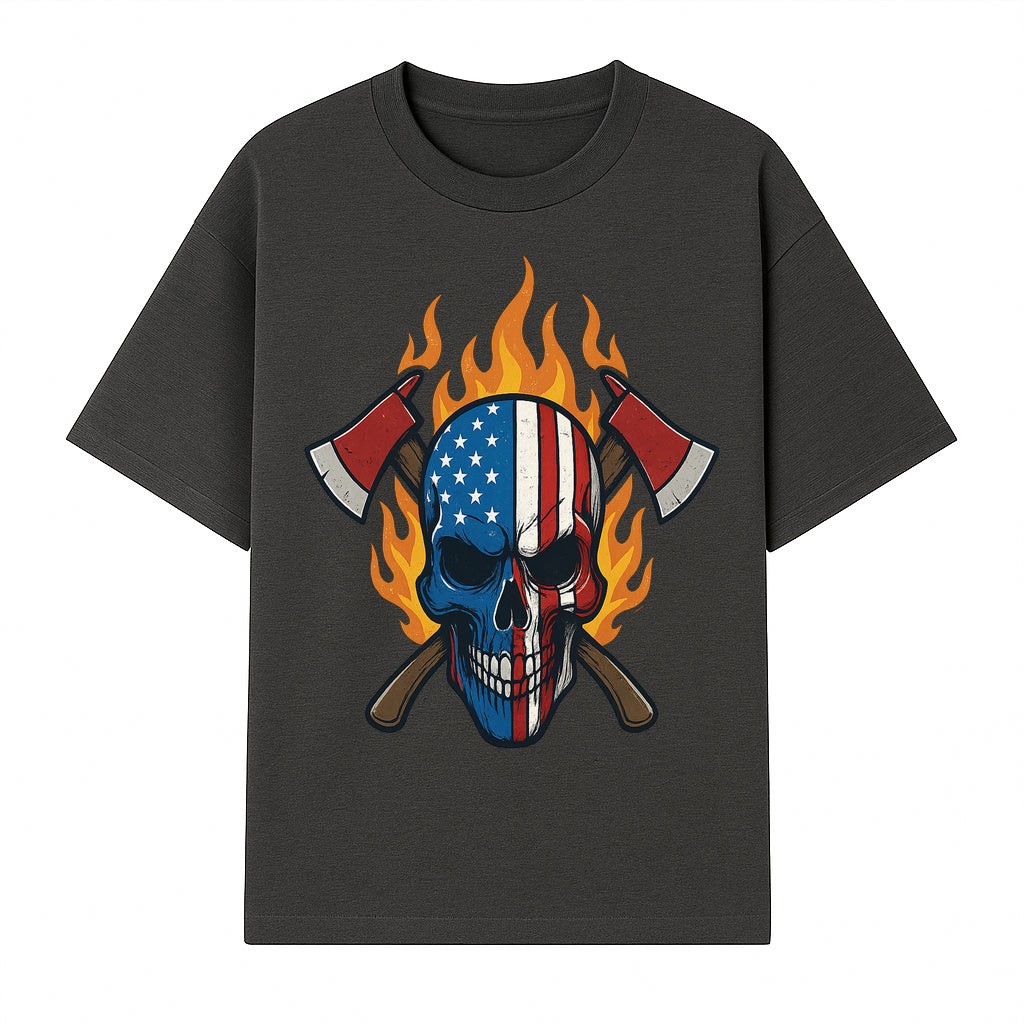 American Skull with Axes and Flames Graphic Tee, Patriotic Skull Design for Men, Edgy Firefighter T-Shirt, Unique Apparel Gift - T-shirt 1757912432040.jpg