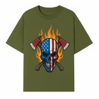 American Skull with Axes and Flames Graphic Tee, Patriotic Skull Design for Men, Edgy Firefighter T-Shirt, Unique Apparel Gift - T-shirt 1757912432195.jpg