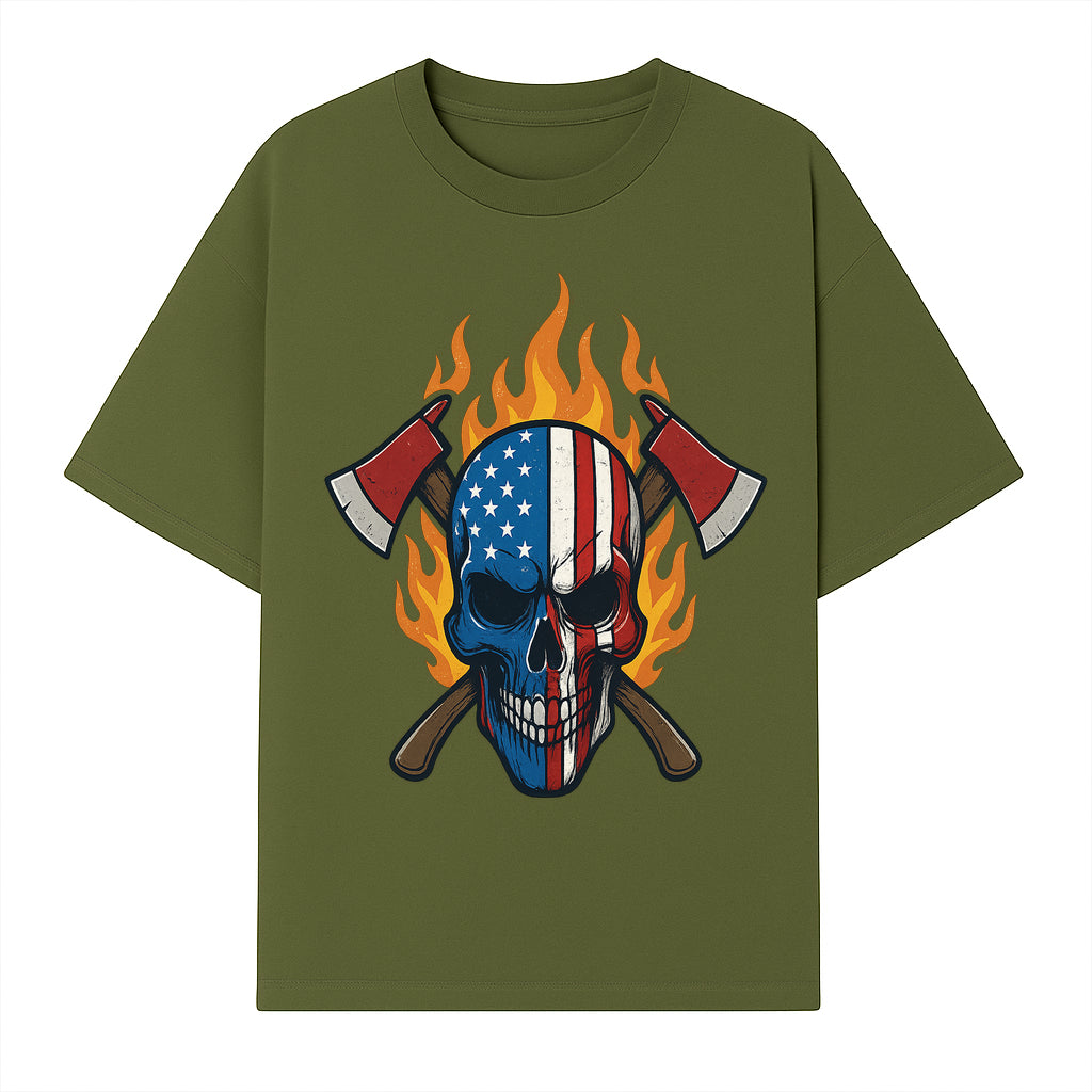 American Skull with Axes and Flames Graphic Tee, Patriotic Skull Design for Men, Edgy Firefighter T-Shirt, Unique Apparel Gift - T-shirt 1757912432195.jpg