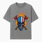 American Skull with Axes and Flames Graphic Tee, Patriotic Skull Design for Men, Edgy Firefighter T-Shirt, Unique Apparel Gift - T-shirt 1757912432343.jpg