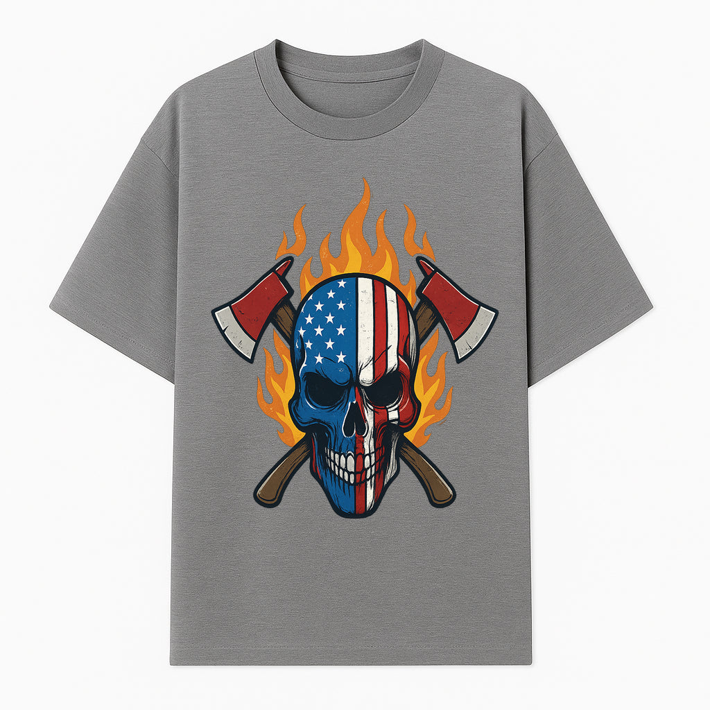 American Skull with Axes and Flames Graphic Tee, Patriotic Skull Design for Men, Edgy Firefighter T-Shirt, Unique Apparel Gift - T-shirt 1757912432343.jpg