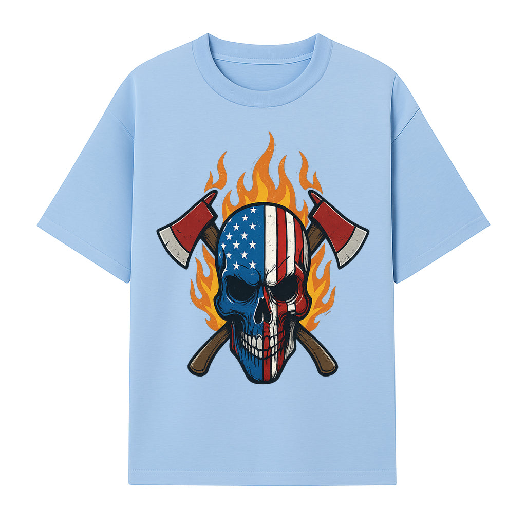 American Skull with Axes and Flames Graphic Tee, Patriotic Skull Design for Men, Edgy Firefighter T-Shirt, Unique Apparel Gift - T-shirt 1757912432507.jpg