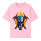 American Skull with Axes and Flames Graphic Tee, Patriotic Skull Design for Men, Edgy Firefighter T-Shirt, Unique Apparel Gift - T-shirt 1757912432658.jpg
