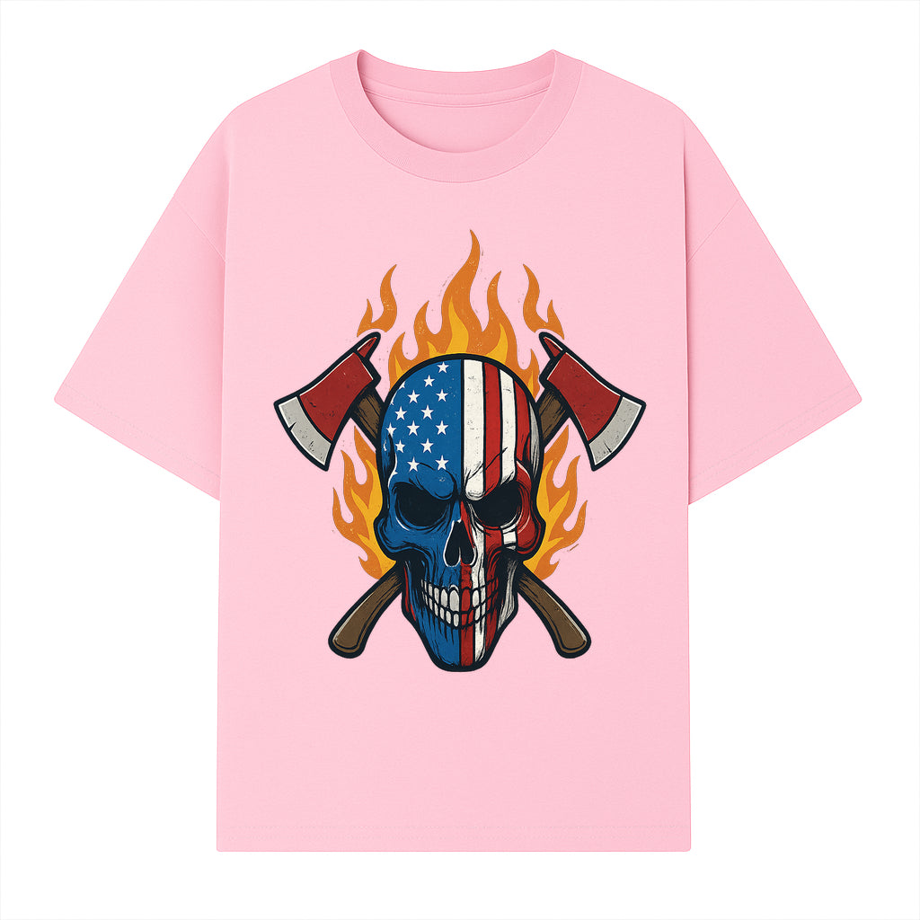 American Skull with Axes and Flames Graphic Tee, Patriotic Skull Design for Men, Edgy Firefighter T-Shirt, Unique Apparel Gift - T-shirt 1757912432658.jpg