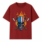 American Skull with Axes and Flames Graphic Tee, Patriotic Skull Design for Men, Edgy Firefighter T-Shirt, Unique Apparel Gift - T-shirt 1757912432846.jpg