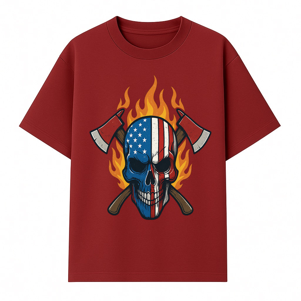 American Skull with Axes and Flames Graphic Tee, Patriotic Skull Design for Men, Edgy Firefighter T-Shirt, Unique Apparel Gift - T-shirt 1757912432846.jpg