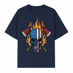 American Skull with Axes and Flames Graphic Tee, Patriotic Skull Design for Men, Edgy Firefighter T-Shirt, Unique Apparel Gift - T-shirt 1757912433024.jpg