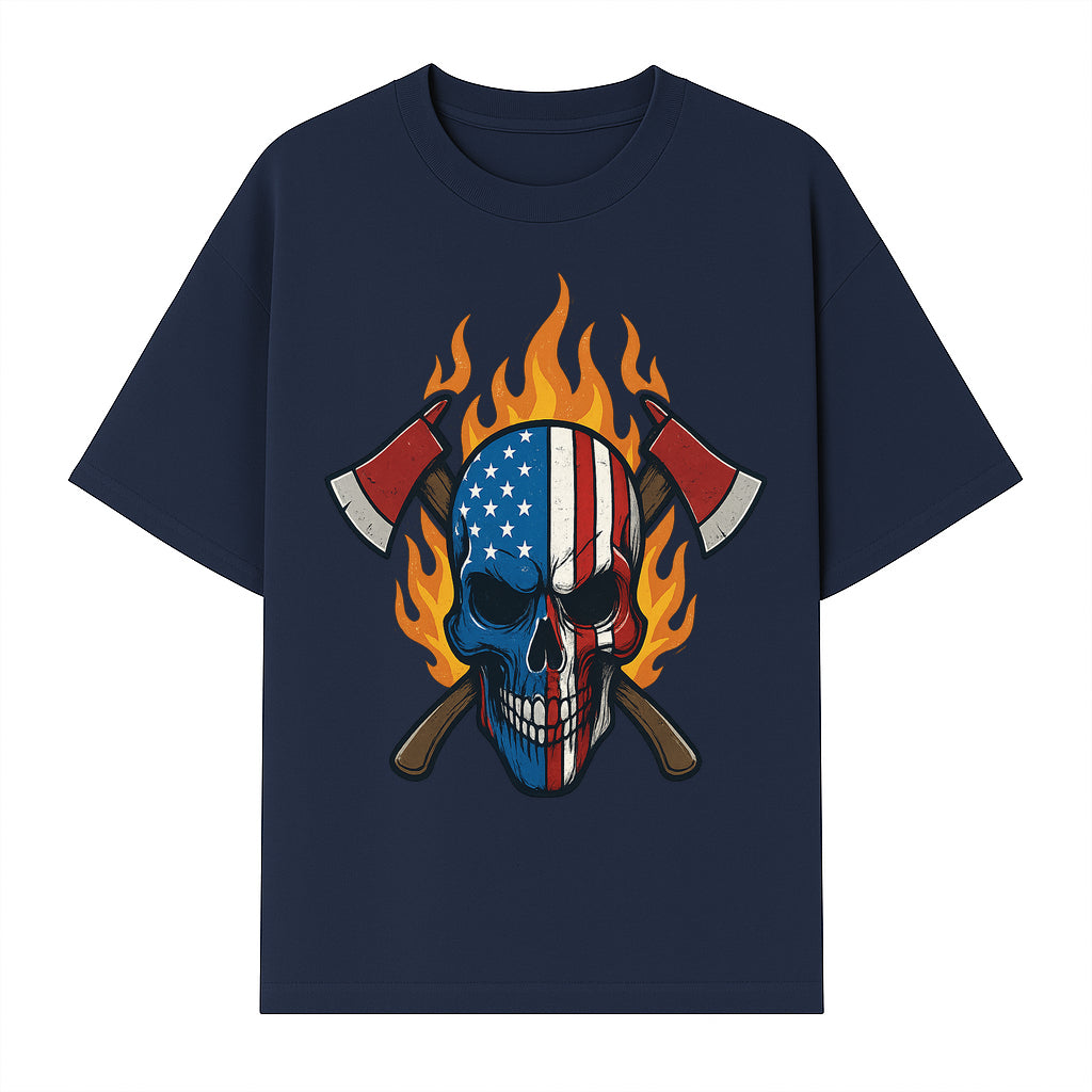 American Skull with Axes and Flames Graphic Tee, Patriotic Skull Design for Men, Edgy Firefighter T-Shirt, Unique Apparel Gift - T-shirt 1757912433024.jpg