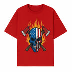American Skull with Axes and Flames Graphic Tee, Patriotic Skull Design for Men, Edgy Firefighter T-Shirt, Unique Apparel Gift - T-shirt 1757912433193.jpg