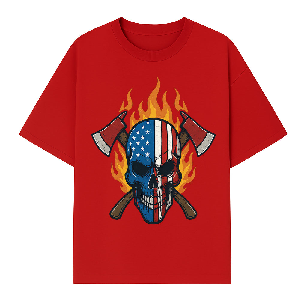 American Skull with Axes and Flames Graphic Tee, Patriotic Skull Design for Men, Edgy Firefighter T-Shirt, Unique Apparel Gift - T-shirt 1757912433193.jpg