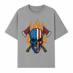 American Skull with Axes and Flames Graphic Tee, Patriotic Skull Design for Men, Edgy Firefighter T-Shirt, Unique Apparel Gift - T-shirt 1757912433375.jpg