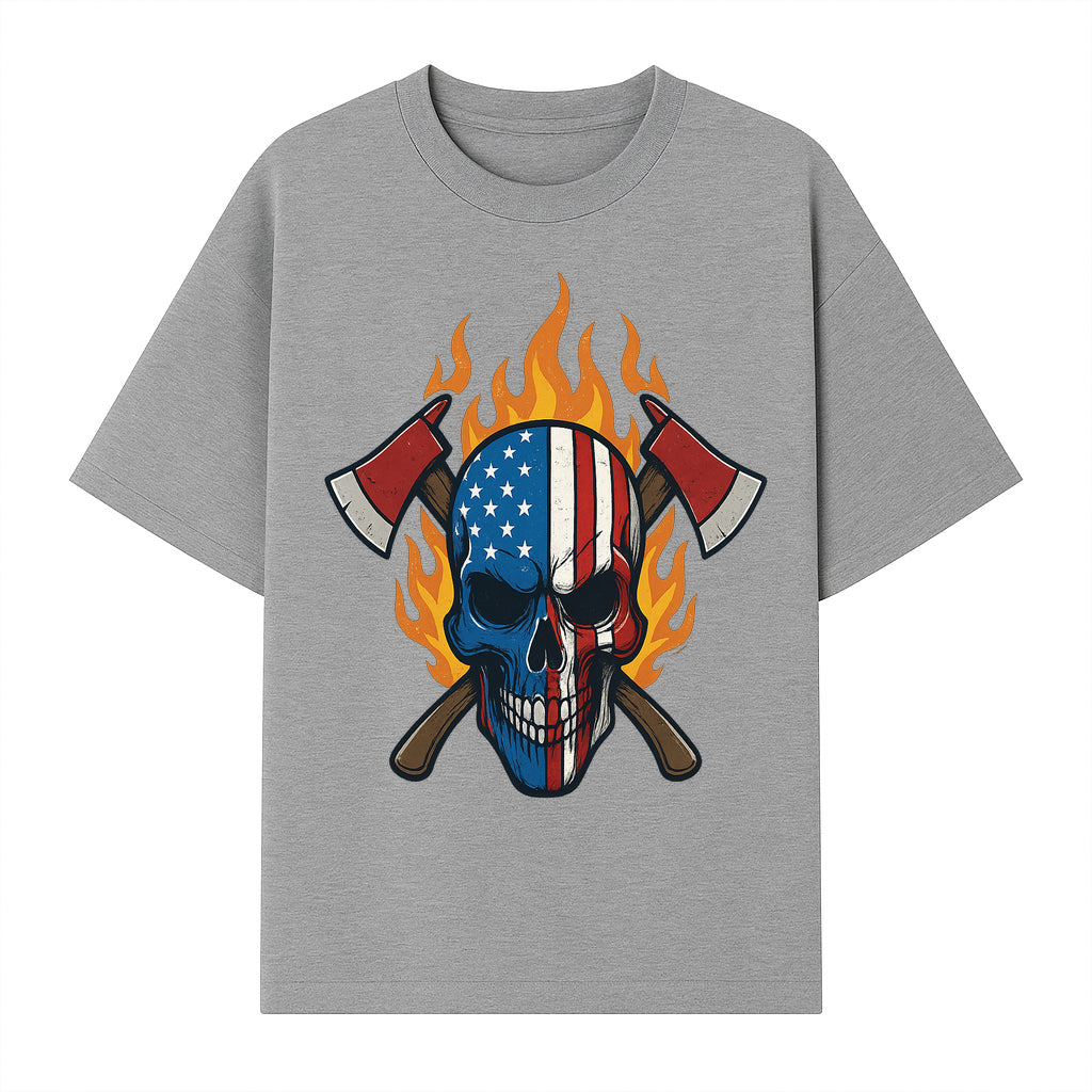 American Skull with Axes and Flames Graphic Tee, Patriotic Skull Design for Men, Edgy Firefighter T-Shirt, Unique Apparel Gift - T-shirt 1757912433375.jpg