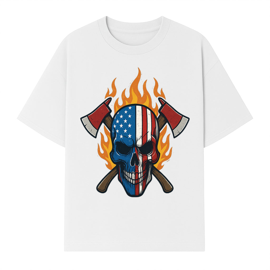 American Skull with Axes and Flames Graphic Tee, Patriotic Skull Design for Men, Edgy Firefighter T-Shirt, Unique Apparel Gift - T-shirt 1757912433514.jpg