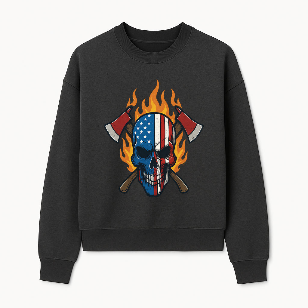 American Skull with Axes and Flames Graphic Tee, Patriotic Skull Design for Men, Edgy Firefighter T-Shirt, Unique Apparel Gift - Sweatshirt 1757912435352.jpg