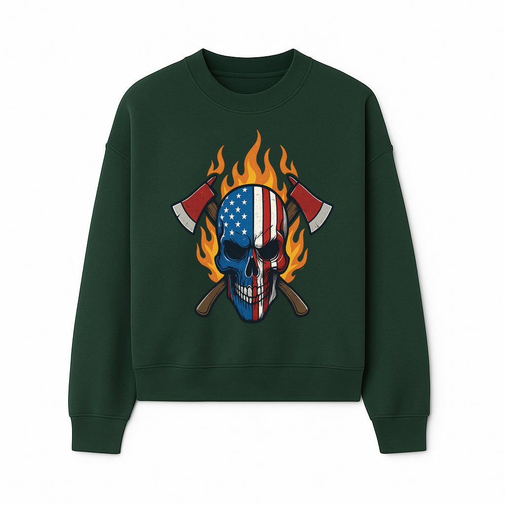 American Skull with Axes and Flames Graphic Tee, Patriotic Skull Design for Men, Edgy Firefighter T-Shirt, Unique Apparel Gift - Sweatshirt 1757912435560.jpg