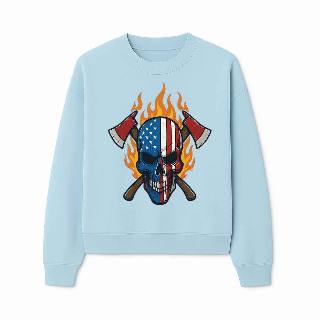 American Skull with Axes and Flames Graphic Tee, Patriotic Skull Design for Men, Edgy Firefighter T-Shirt, Unique Apparel Gift - Sweatshirt 1757912435885.jpg