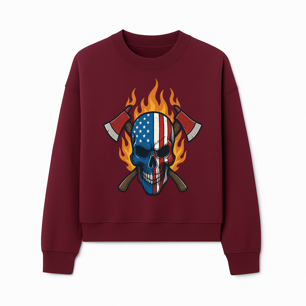 American Skull with Axes and Flames Graphic Tee, Patriotic Skull Design for Men, Edgy Firefighter T-Shirt, Unique Apparel Gift - Sweatshirt 1757912436203.jpg