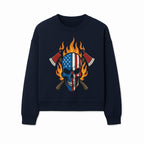 American Skull with Axes and Flames Graphic Tee, Patriotic Skull Design for Men, Edgy Firefighter T-Shirt, Unique Apparel Gift - Sweatshirt 1757912436361.jpg