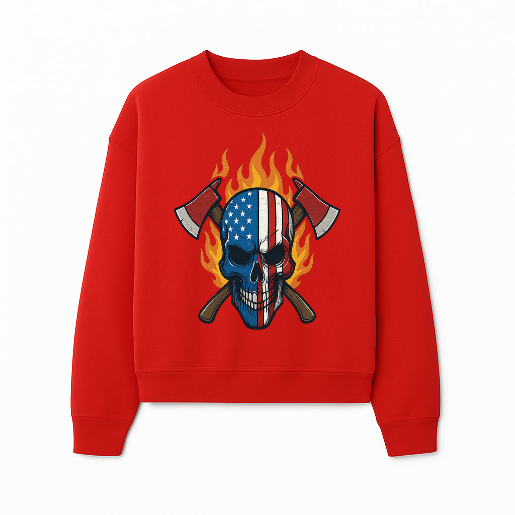 American Skull with Axes and Flames Graphic Tee, Patriotic Skull Design for Men, Edgy Firefighter T-Shirt, Unique Apparel Gift - Sweatshirt 1757912436530.jpg