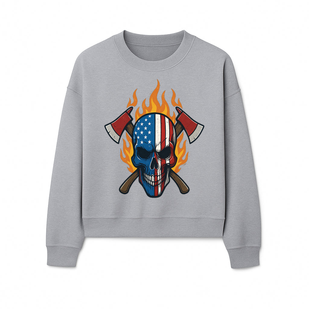American Skull with Axes and Flames Graphic Tee, Patriotic Skull Design for Men, Edgy Firefighter T-Shirt, Unique Apparel Gift - Sweatshirt 1757912436683.jpg