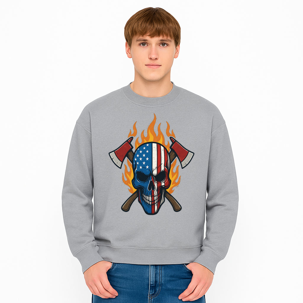 American Skull with Axes and Flames Graphic Tee, Patriotic Skull Design for Men, Edgy Firefighter T-Shirt, Unique Apparel Gift - Sweatshirt 1757912437968.jpg