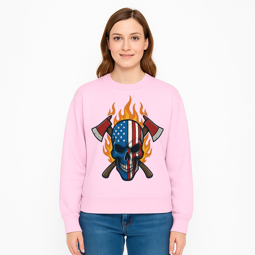 American Skull with Axes and Flames Graphic Tee, Patriotic Skull Design for Men, Edgy Firefighter T-Shirt, Unique Apparel Gift - Sweatshirt 1757912438100.jpg