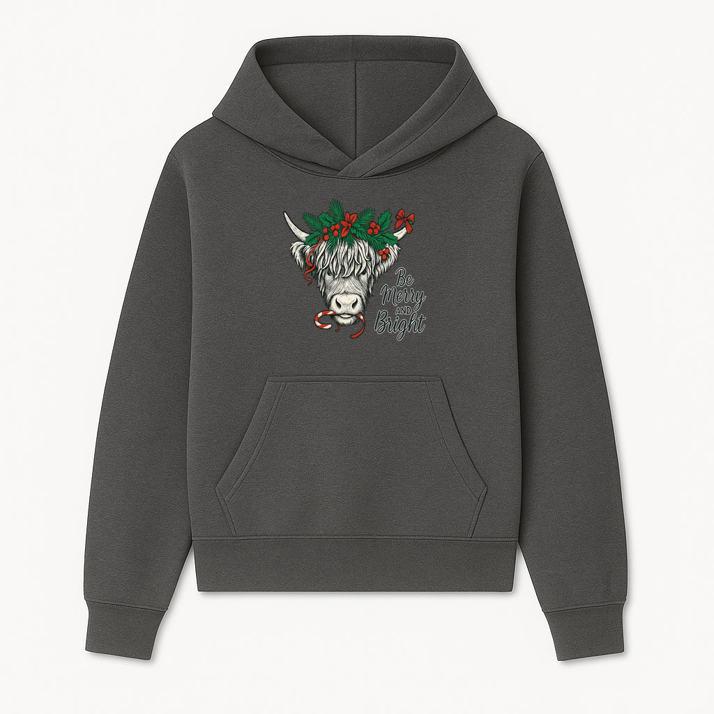 Christmas Highland Cow Graphic - Be Merry and Bright Festive Design for Holiday Decor, Apparel, and Gifts - Hoodie 1757922454159.jpg