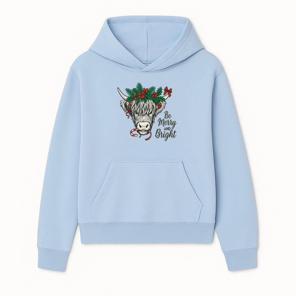 Christmas Highland Cow Graphic - Be Merry and Bright Festive Design for Holiday Decor, Apparel, and Gifts - Hoodie 1757922454634.jpg