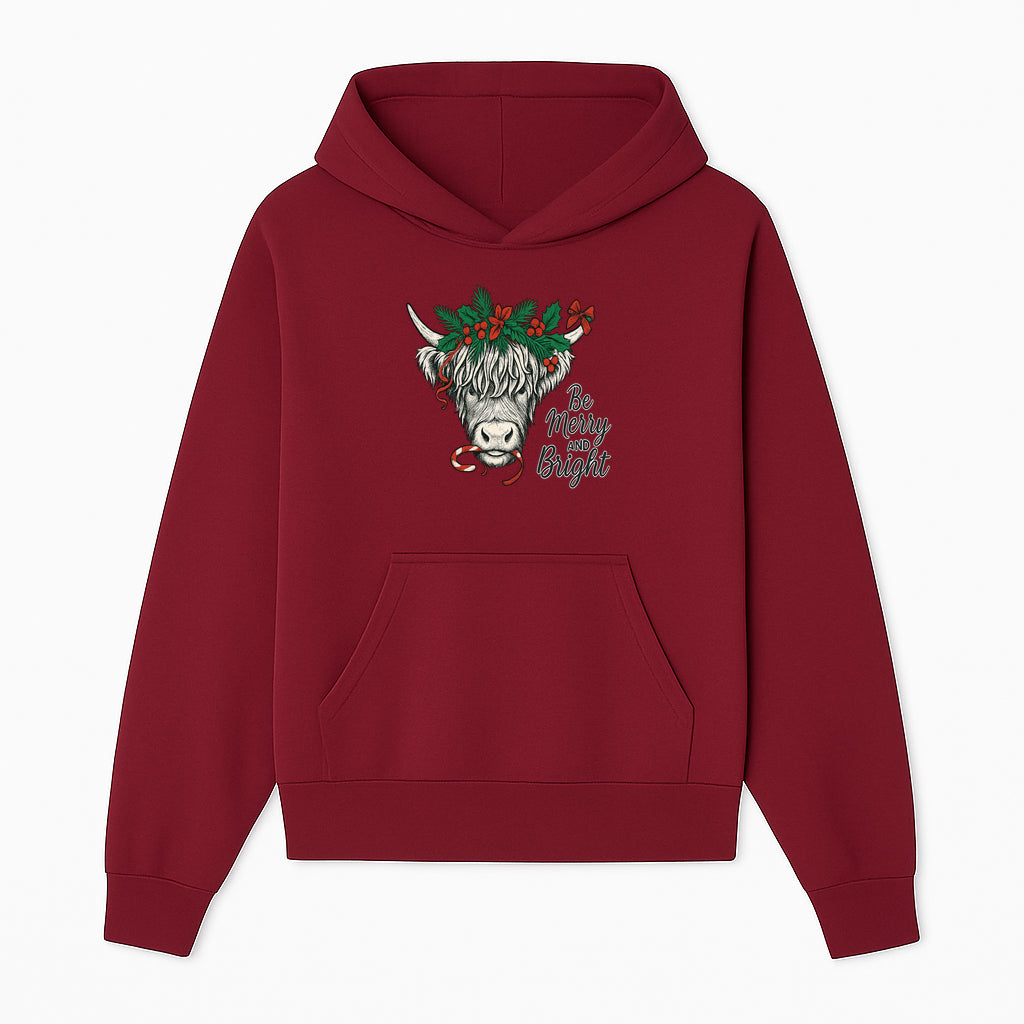 Christmas Highland Cow Graphic - Be Merry and Bright Festive Design for Holiday Decor, Apparel, and Gifts - Hoodie 1757922454932.jpg