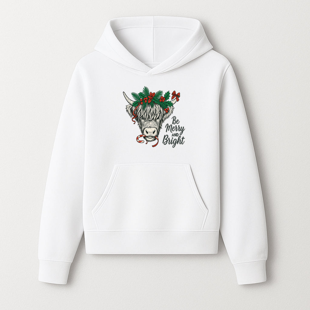 Christmas Highland Cow Graphic - Be Merry and Bright Festive Design for Holiday Decor, Apparel, and Gifts - Hoodie 1757922455525.jpg