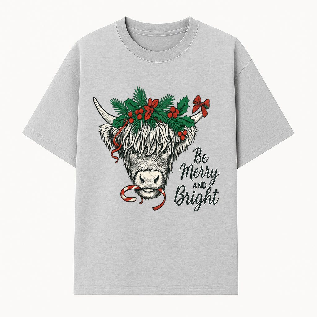 Christmas Highland Cow Graphic - Be Merry and Bright Festive Design for Holiday Decor, Apparel, and Gifts - T-shirt 1757922456945.jpg