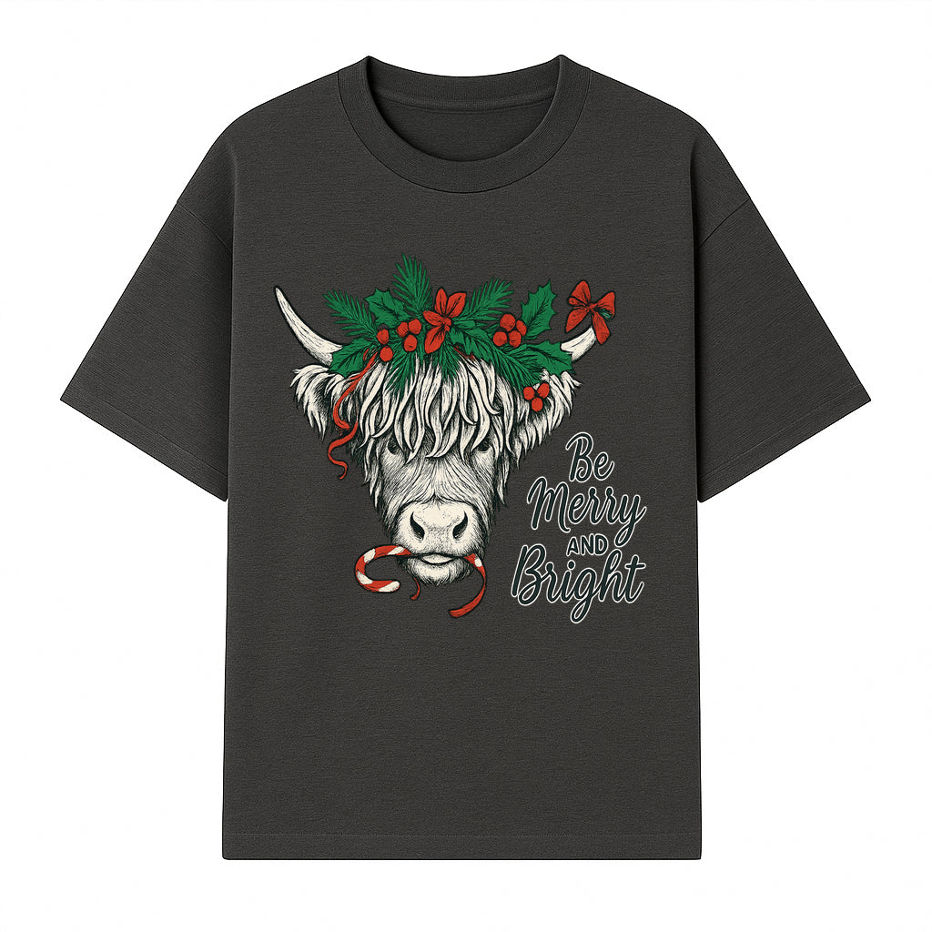 Christmas Highland Cow Graphic - Be Merry and Bright Festive Design for Holiday Decor, Apparel, and Gifts - T-shirt 1757922457228.jpg