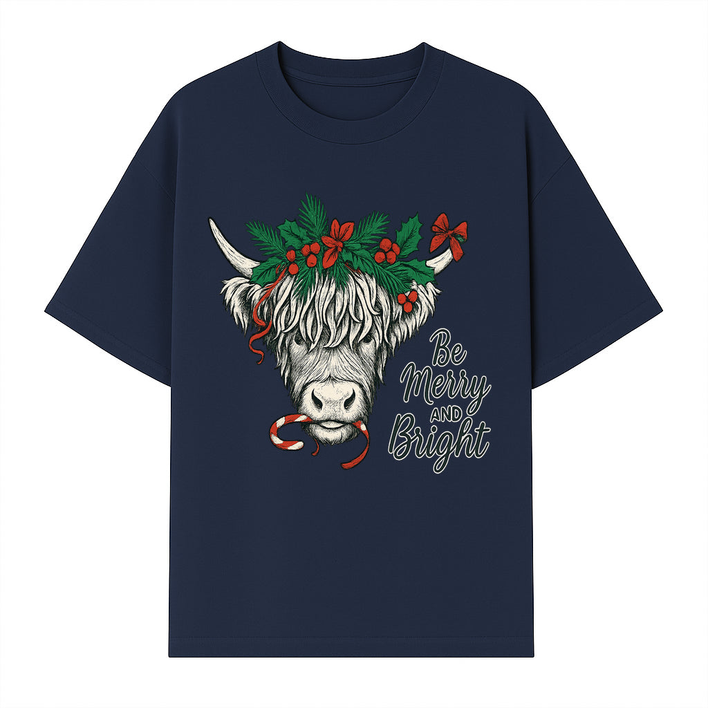 Christmas Highland Cow Graphic - Be Merry and Bright Festive Design for Holiday Decor, Apparel, and Gifts - T-shirt 1757922458141.jpg