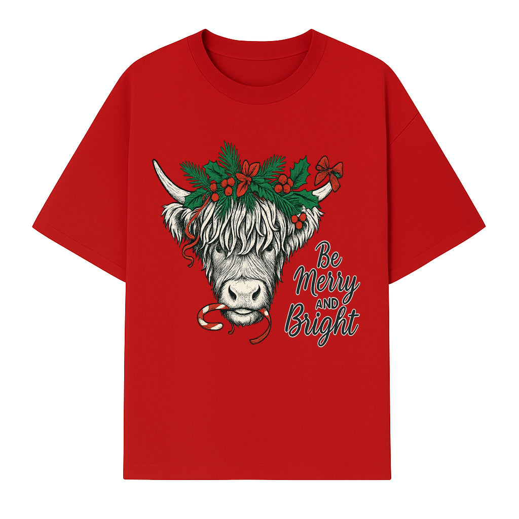 Christmas Highland Cow Graphic - Be Merry and Bright Festive Design for Holiday Decor, Apparel, and Gifts - T-shirt 1757922458278.jpg