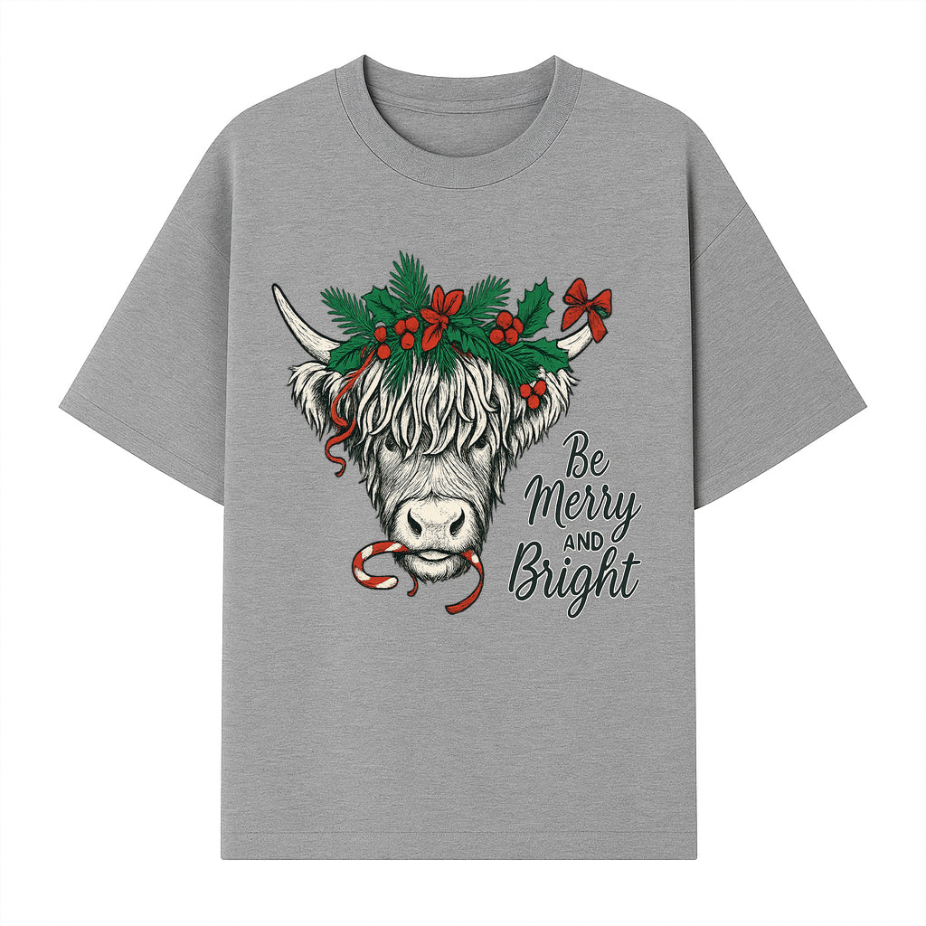 Christmas Highland Cow Graphic - Be Merry and Bright Festive Design for Holiday Decor, Apparel, and Gifts - T-shirt 1757922458424.jpg
