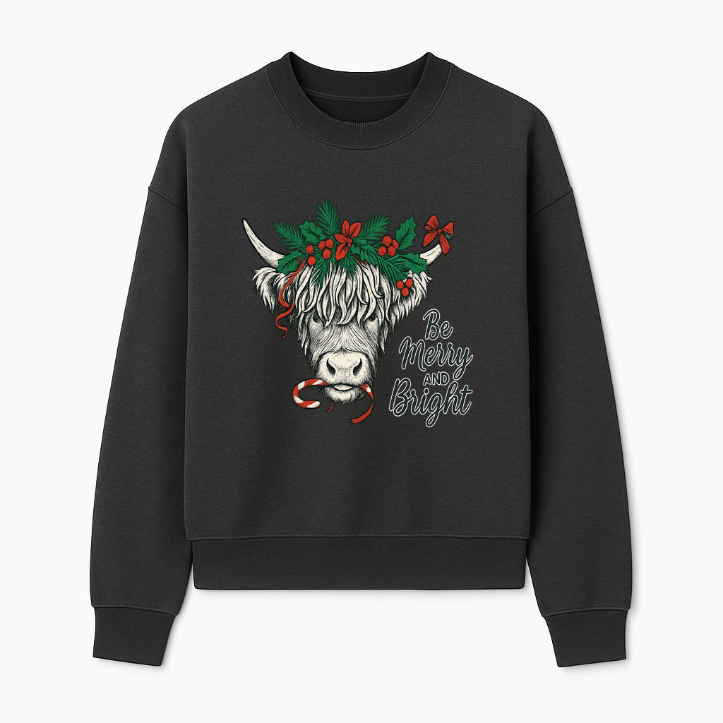 Christmas Highland Cow Graphic - Be Merry and Bright Festive Design for Holiday Decor, Apparel, and Gifts - Sweatshirt 1757922460326.jpg