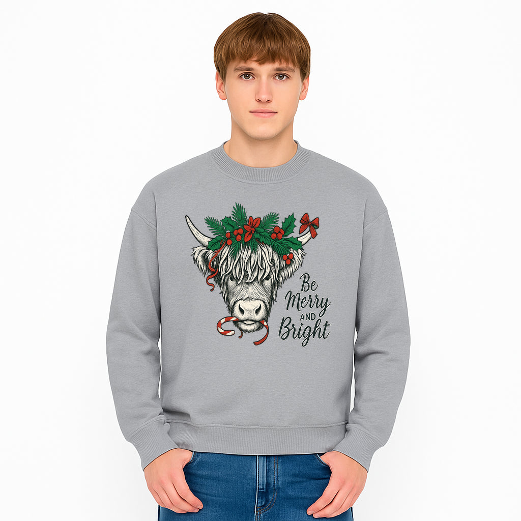 Christmas Highland Cow Graphic - Be Merry and Bright Festive Design for Holiday Decor, Apparel, and Gifts - Sweatshirt 1757922462672.jpg
