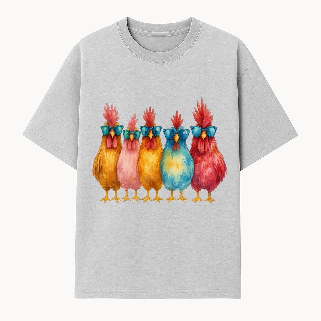 Colorful Chicken Art with Sunglasses - Fun Farmhouse Decor, Whimsical Animal Illustration, Gift for Poultry Lovers, Kitchen Wall Art - T-shirt 1757922463430.jpg