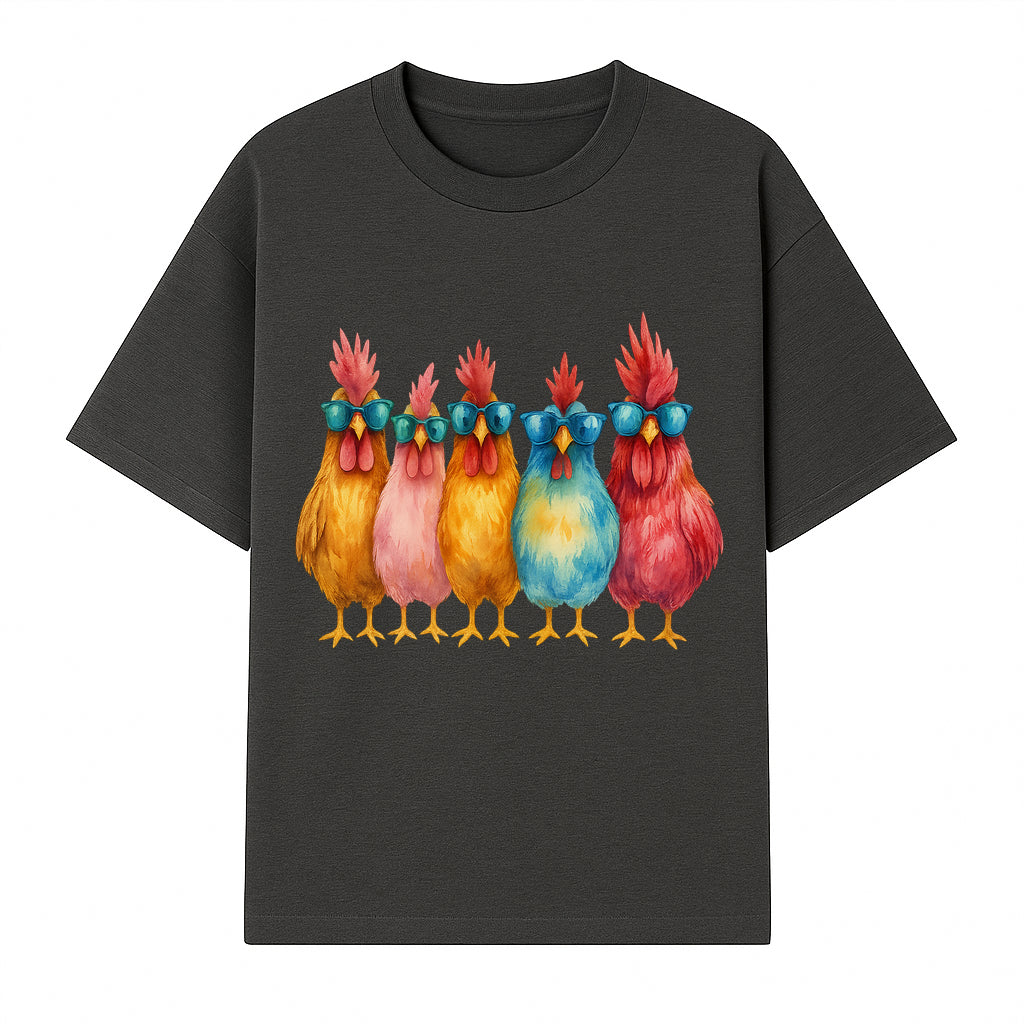 Colorful Chicken Art with Sunglasses - Fun Farmhouse Decor, Whimsical Animal Illustration, Gift for Poultry Lovers, Kitchen Wall Art - T-shirt 1757922463703.jpg