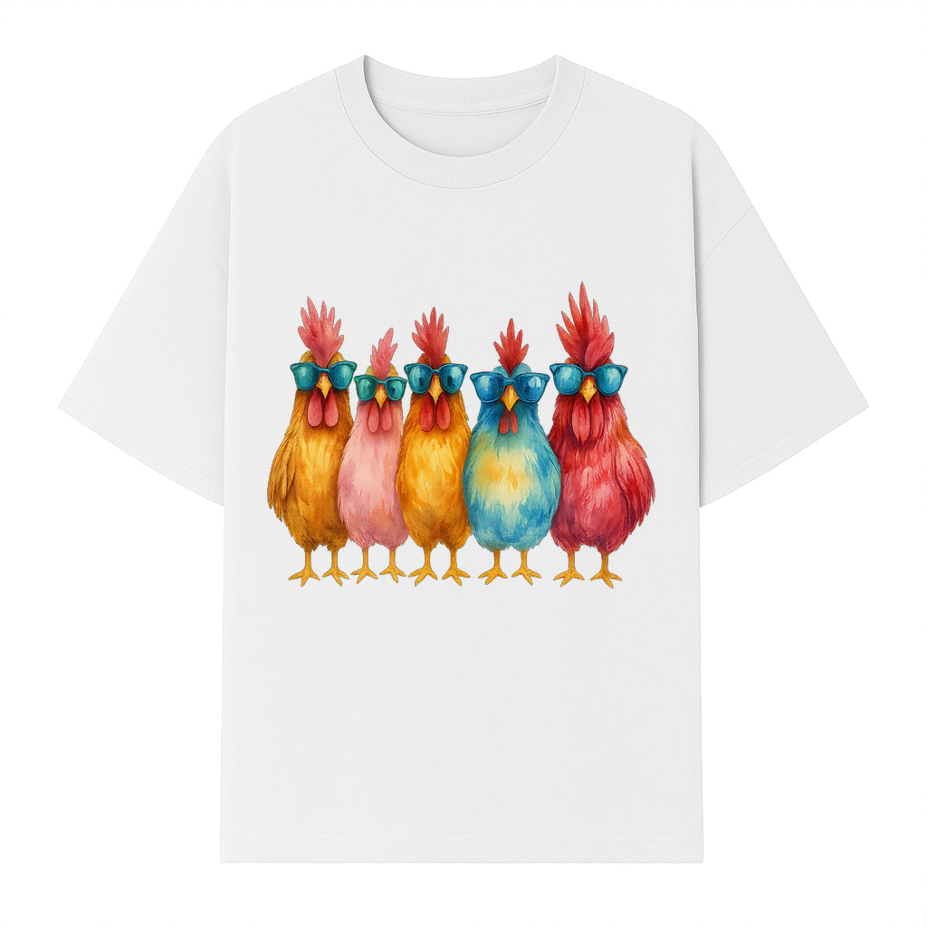 Colorful Chicken Art with Sunglasses - Fun Farmhouse Decor, Whimsical Animal Illustration, Gift for Poultry Lovers, Kitchen Wall Art - T-shirt 1757922465068.jpg