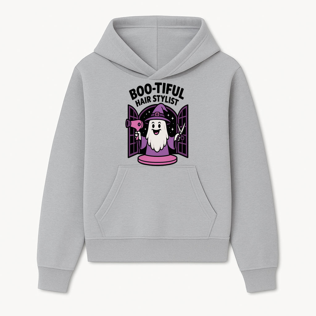 Boo-tiful Hair Stylist Halloween Decor - Cute Ghost with Hair Dryer & Scissors, Whimsical Witch Art for Salon or Home - Hoodie 1757925819344.jpg