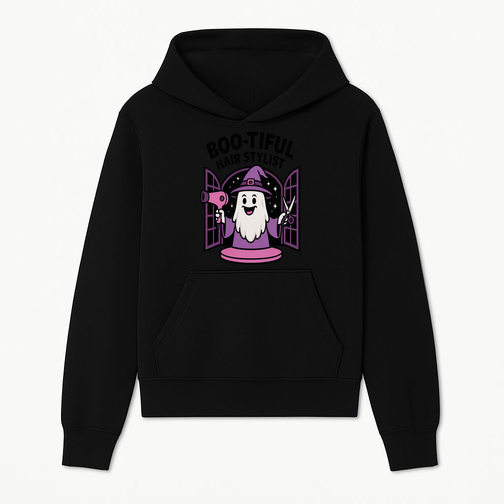 Boo-tiful Hair Stylist Halloween Decor - Cute Ghost with Hair Dryer & Scissors, Whimsical Witch Art for Salon or Home - Hoodie 1757925819487.jpg