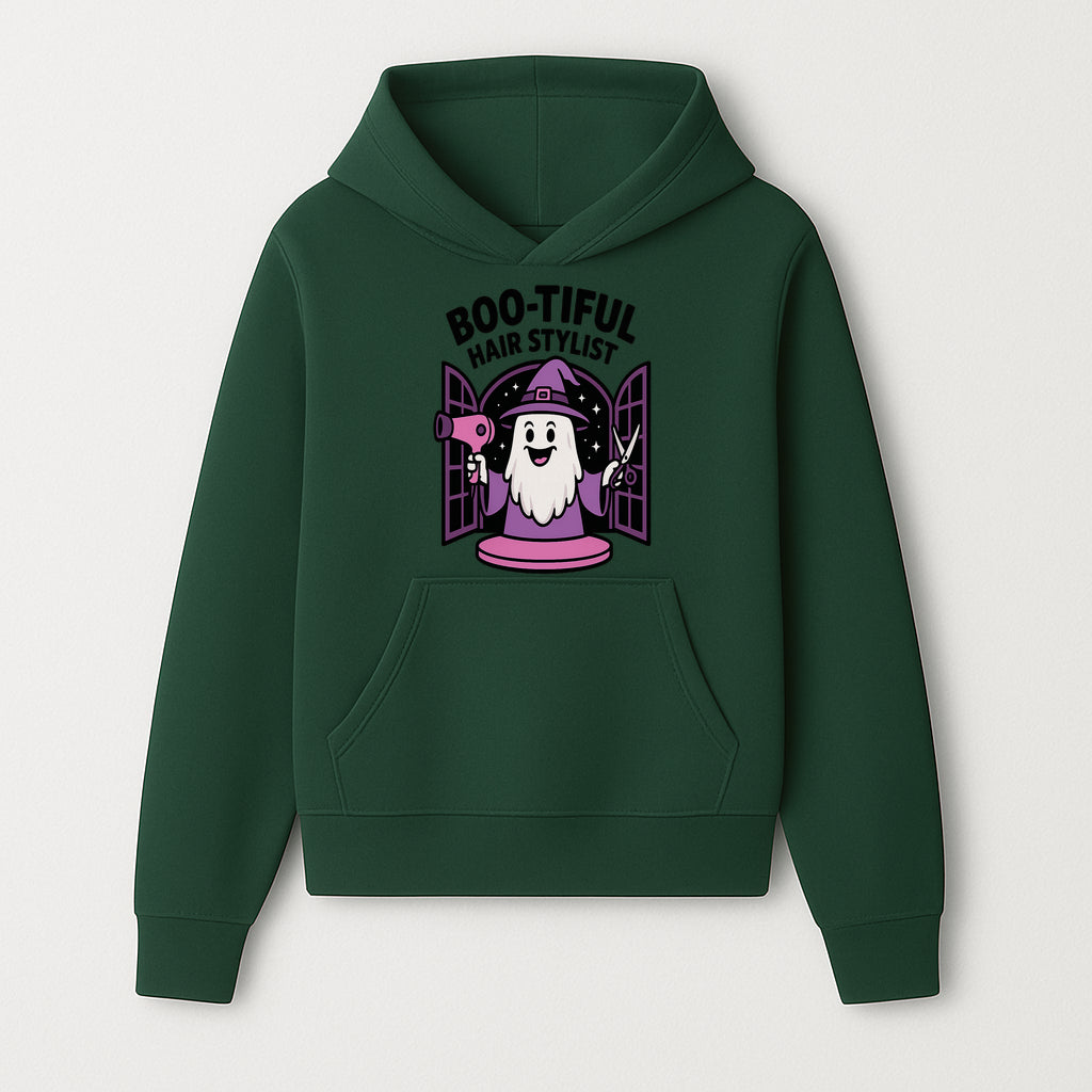 Boo-tiful Hair Stylist Halloween Decor - Cute Ghost with Hair Dryer & Scissors, Whimsical Witch Art for Salon or Home - Hoodie 1757925819764.jpg