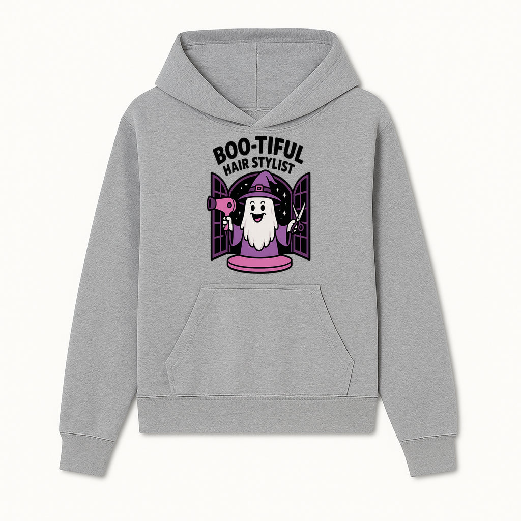 Boo-tiful Hair Stylist Halloween Decor - Cute Ghost with Hair Dryer & Scissors, Whimsical Witch Art for Salon or Home - Hoodie 1757925819909.jpg