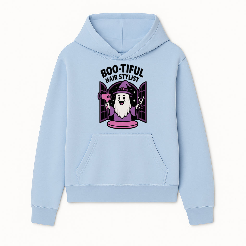 Boo-tiful Hair Stylist Halloween Decor - Cute Ghost with Hair Dryer & Scissors, Whimsical Witch Art for Salon or Home - Hoodie 1757925820054.jpg