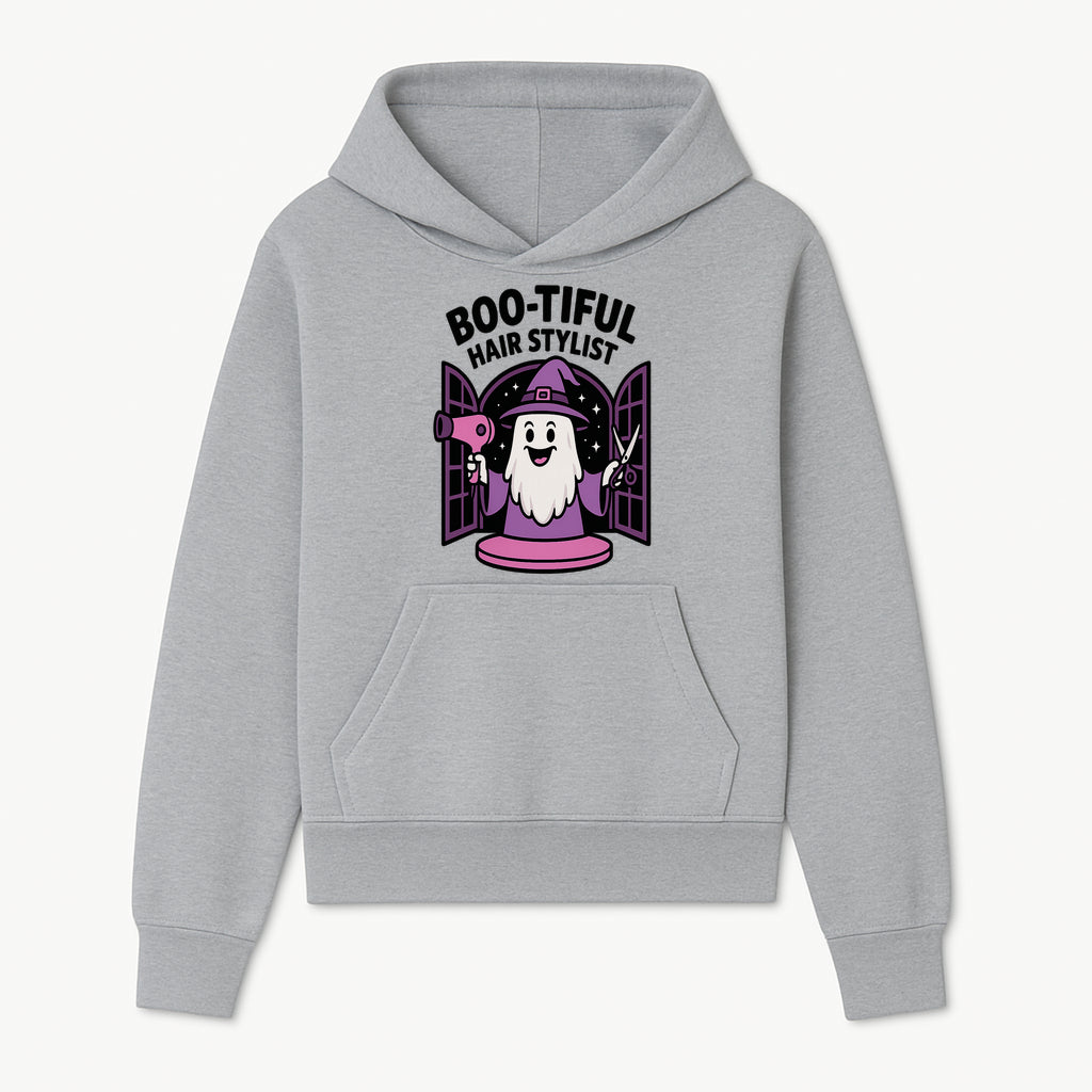 Boo-tiful Hair Stylist Halloween Decor - Cute Ghost with Hair Dryer & Scissors, Whimsical Witch Art for Salon or Home - Hoodie 1757925820695.jpg