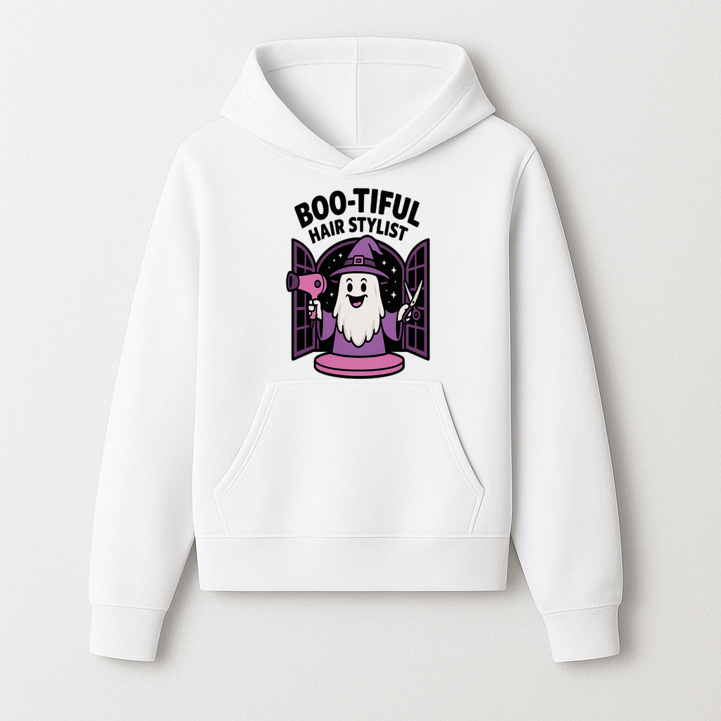 Boo-tiful Hair Stylist Halloween Decor - Cute Ghost with Hair Dryer & Scissors, Whimsical Witch Art for Salon or Home - Hoodie 1757925820840.jpg